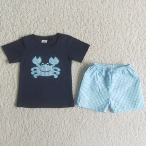 Promotional Crab Embroidery Navy Boys Shorts Sets