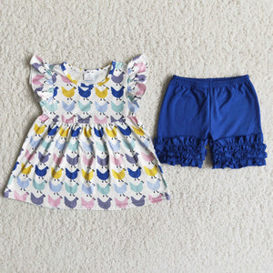 Promotional Chicken Blue Ruffles Girls Shorts Sets