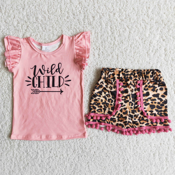 Promotional Wild Child Pink Pompom Leopard Print Girls Shorts Sets