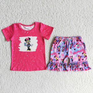 Cartoon Hot Pink Girls Shorts Sets