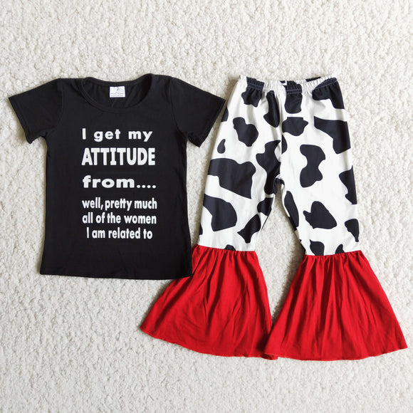 Promotional Attitude Cow Print Girls Short Sleeve+Trousers Sets