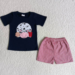 Promotional Cow Embroidery Navy Boys Shorts Sets