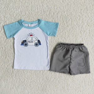 Promotional Police Car Embroidery Boys Shorts Sets