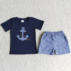 Promotional Anchor Embroidery Navy Boys Shorts Sets