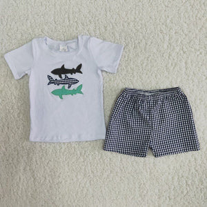 Fish Embroidery Plaid Boys Shorts Sets