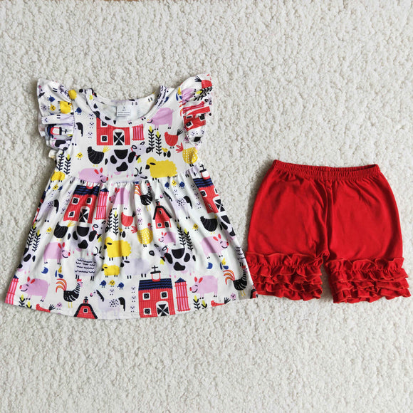 Promotional Farm Animals Red House Girls Shorts Sets