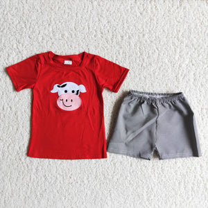 Promotional Cow Embroidery Red Boys Shorts Sets