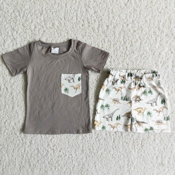 Promotional Dinosaur Pocket Gray White Boys Shorts Sets