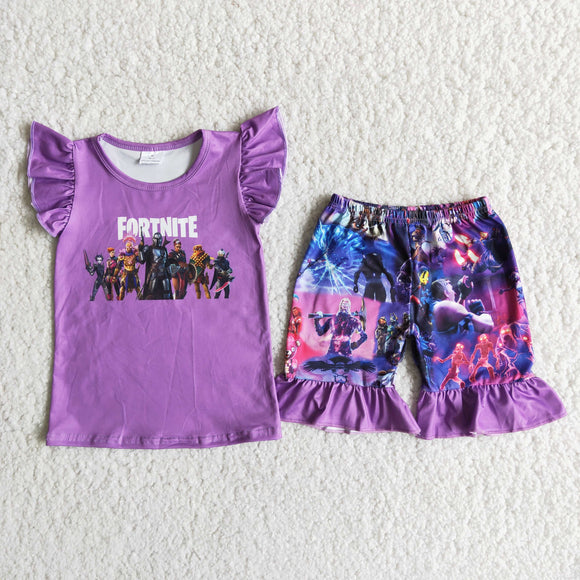 Cartoon Games Purple Girls Shorts Sets
