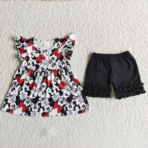 Cartoon Red Bow Black Girls Shorts Sets