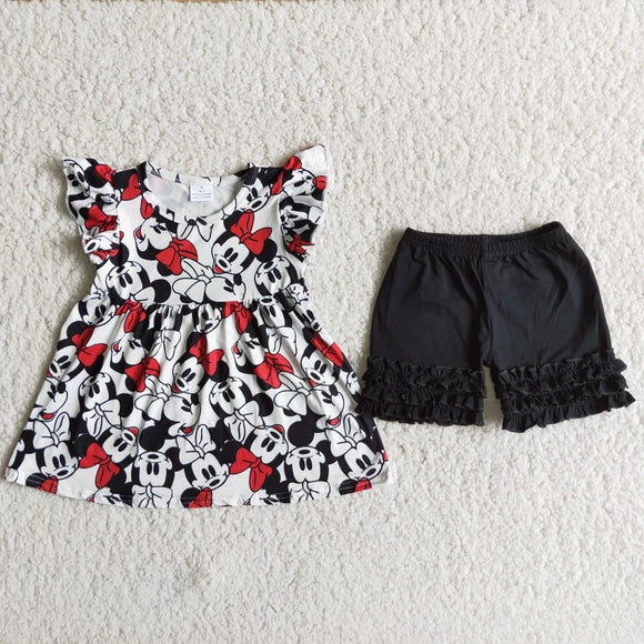 Cartoon Red Bow Black Girls Shorts Sets