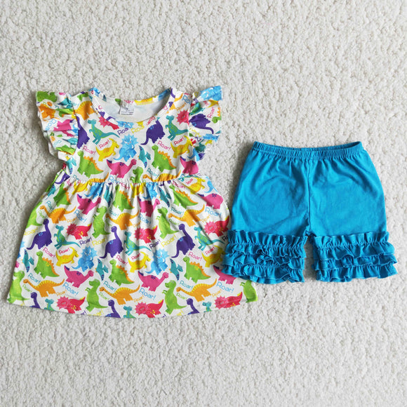 Blue Dinosaur Girls Shorts Sets