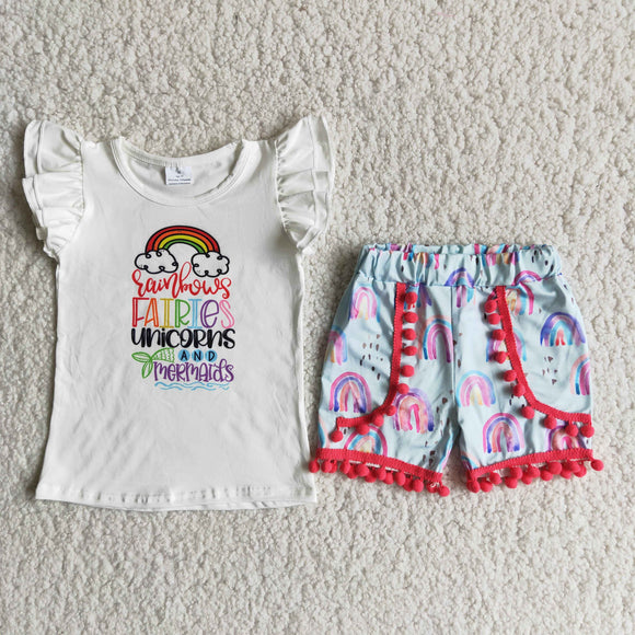 Promotional Letters Rainbow Pompom Girls Shorts Sets