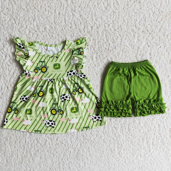 Tractor Cow Sheep Green Stripes Girls Shorts Sets