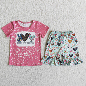 Promotional Chicken Floral Pink Mint Girls Shorts Sets