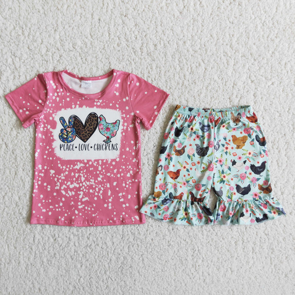 Chicken Floral Pink Mint Girls Shorts Sets