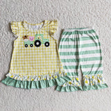 Promotional Yellow Green Stripe Girls Short Sleeve+Trousers Sets