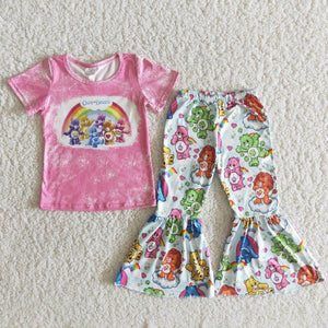 Cartoon Bear Pink Girls Short Sleeve+Trousers Sets