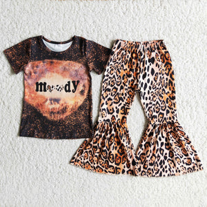 Promotional Moody Leopard Print Girls Short Sleeve+Trousers Sets