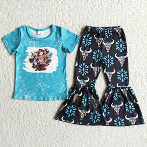 Cow Blue Black Girls Short Sleeve+Trousers Sets