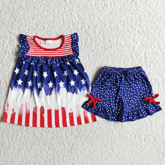 Promotional Stars Polka Dots Bow Girls 4th of July Outfits