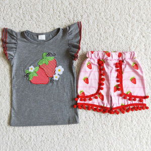 Promotional Strawberry Embroidery Pompom Girls Shorts Sets