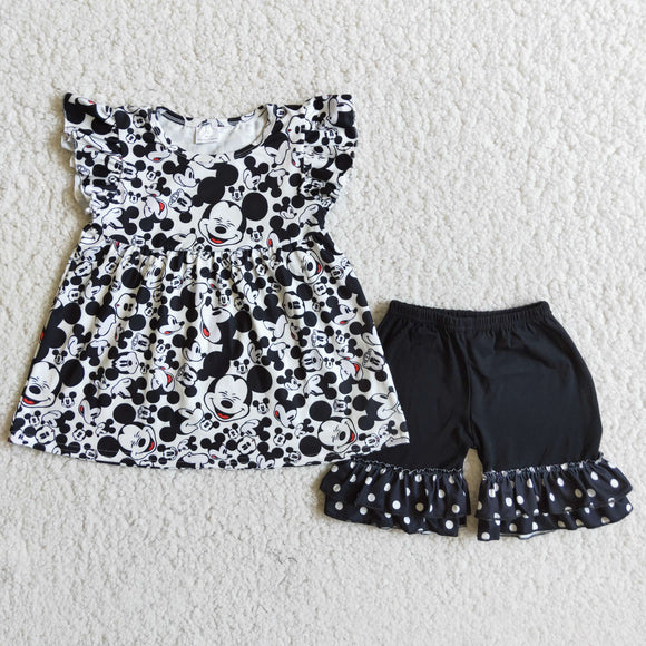 Cartoon Polka Dots Black Girls Shorts Sets