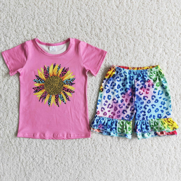 Promotional Leopard Sunflower Pink Girls Shorts Sets
