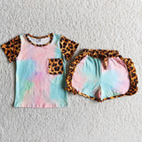 Promotional Tie Dye Leopard Print Pocket Girls Shorts Sets