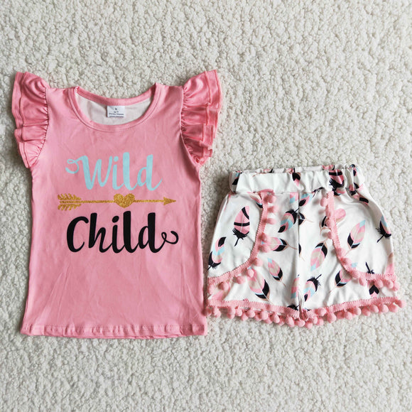 Promotional Wild Child Pink Pompom Girls Shorts Sets
