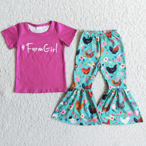 Promotional Farmgirl Hot Pink Floral Chicken Girls Short Sleeve+Trousers Sets