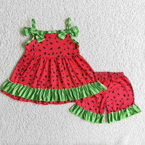 Promotional Wtermelon Green Bow Red Girls Shorts Sets