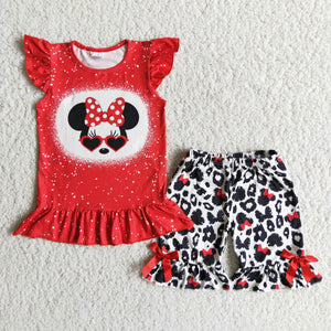 Cartoon Red Bow Leopard Print Girls Shorts Sets