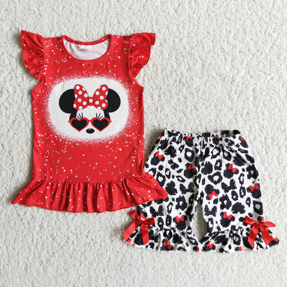 Cartoon Red Bow Leopard Print Girls Shorts Sets