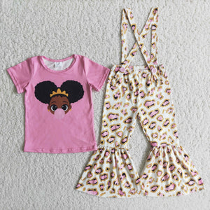 Promotional Leopard Print Pink Girls Suspender Pants Overalls Sets