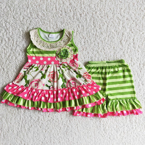 Floral Green Stripes Lace Girls Shorts Sets