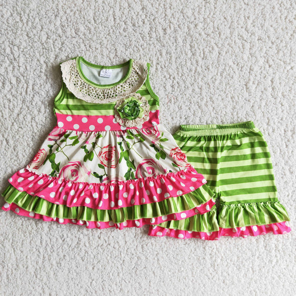 Floral Green Stripes Lace Girls Shorts Sets