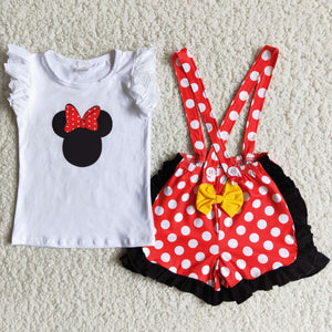 Cartoon Bow Red Overalls Girls Shorts Sets