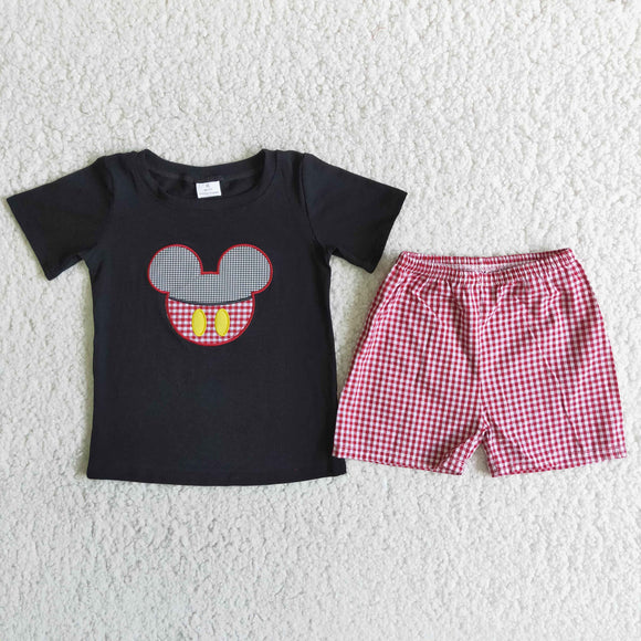 Promotional Cartoon Red Plaid Black Boys Shorts Sets