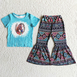 Promotional Horse Tassles Aztec Girls Short Sleeve+Trousers Sets