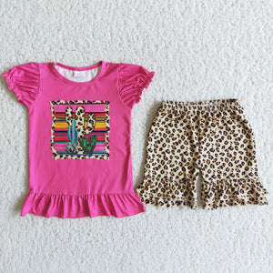 Promotional Cactus Hot Pink Leopard Print Girls Shorts Sets