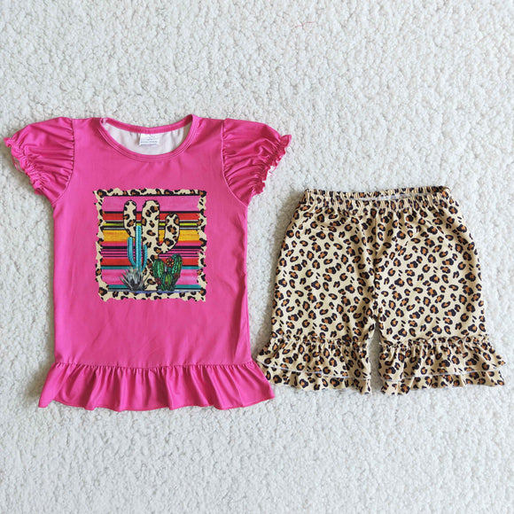 Promotional Cactus Hot Pink Leopard Print Girls Shorts Sets