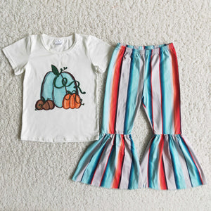 Pumpkin Blue Stripes Girls Short Sleeve+Trousers Sets