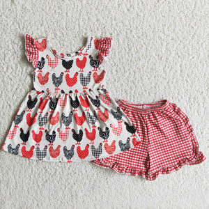 Promotional Chicken Red Plaid Girls Shorts Sets