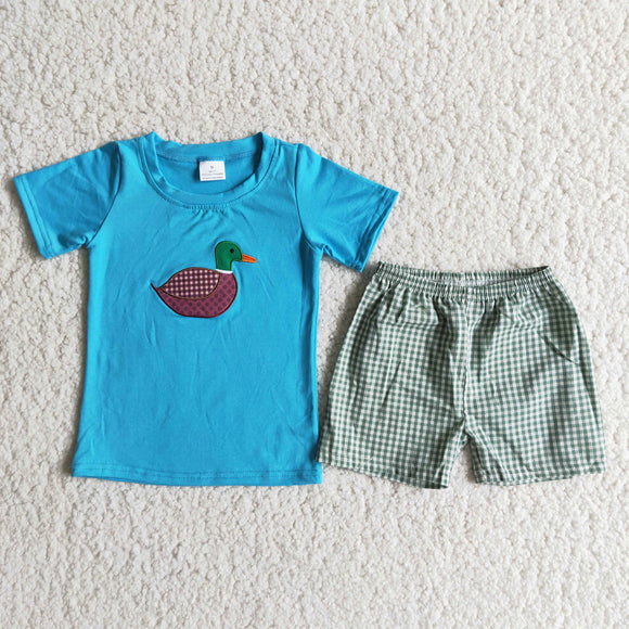 Promotional Duck Embroidery Blue Boys Shorts Sets