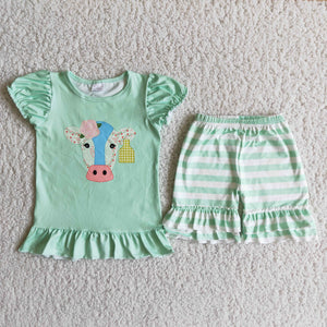 Promotional Cow Green Stripes Girls Shorts Sets