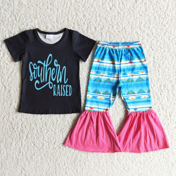 Promotional Southern Raised Aztec Girls Short Sleeve+Trousers Sets