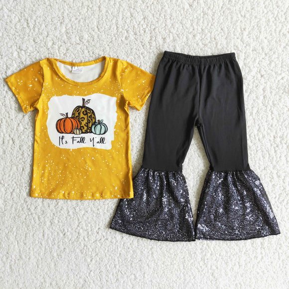 Promotional Fall Yall Pumpkin Sequins Girls Short Sleeve+Trousers Sets