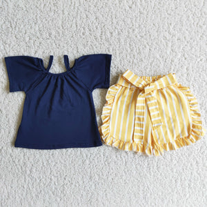 Navy Yellow Belt Girls Shorts Sets