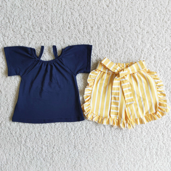 Navy Yellow Belt Girls Shorts Sets